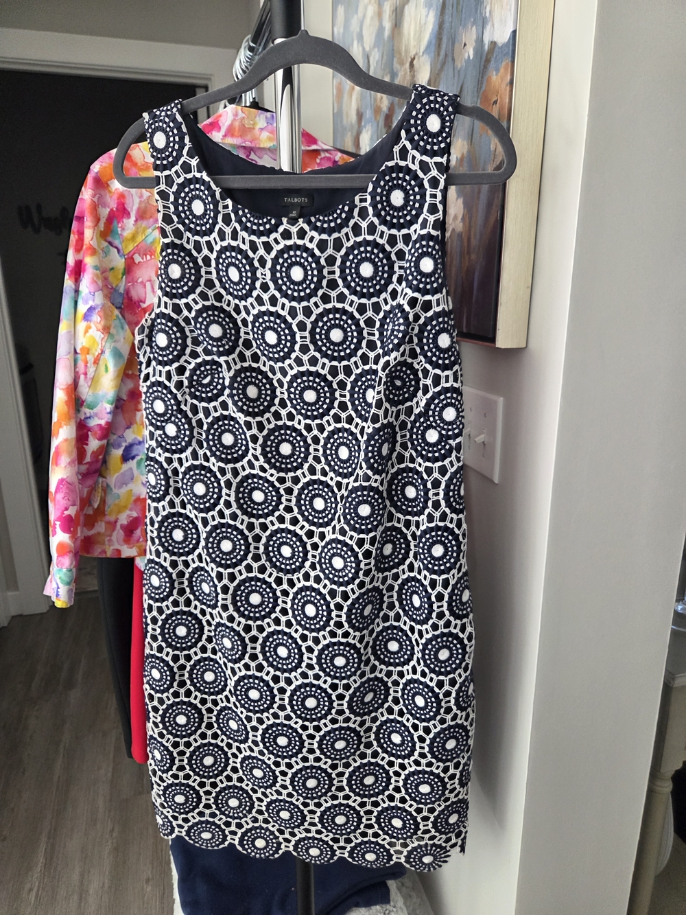 Sleeveless Navy and White Lace-Overlay Shift Dress